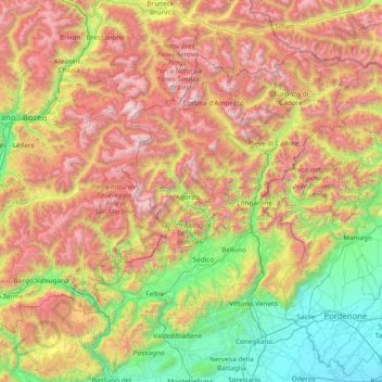 Topografische kaart Dolomieten, hoogte, reliëf