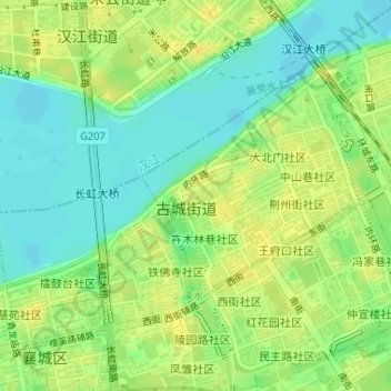 Topografische kaart Gucheng Subdistrict, hoogte, reliëf