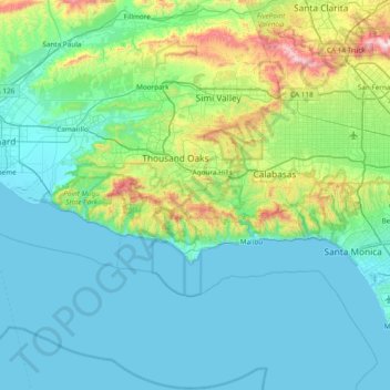 Topografische kaart Santa Monica Mountains National Recreation Area, hoogte, reliëf