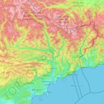 Topografische kaart Alpes-Maritimes, hoogte, reliëf