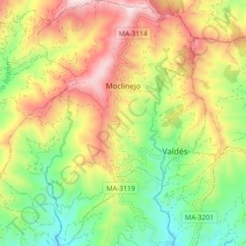Topografische kaart Moclinejo, hoogte, reliëf