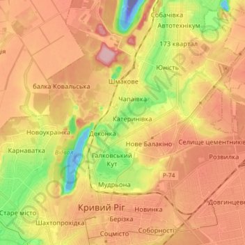 Topografische kaart Саксаганский район, hoogte, reliëf