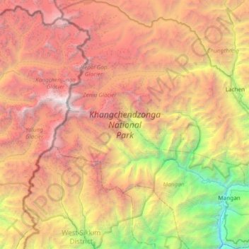 Topografische kaart Khangchendzonga National Park, hoogte, reliëf