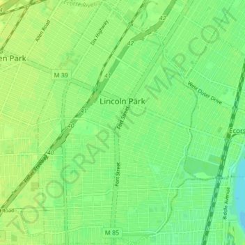 Topografische kaart Lincoln Park, hoogte, reliëf