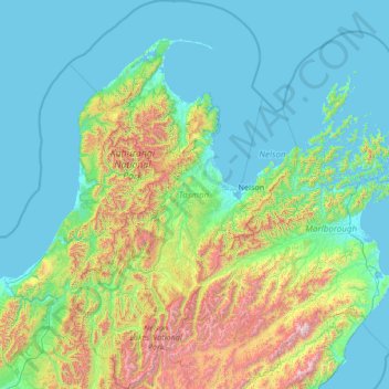 Topografische kaart Tasman, hoogte, reliëf