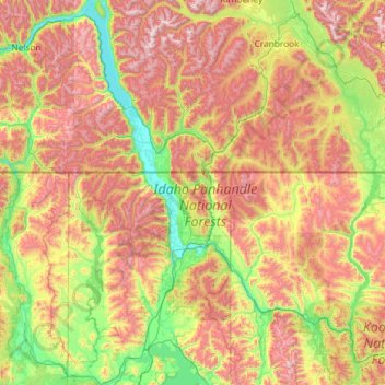 Topografische kaart Kootenay River, hoogte, reliëf