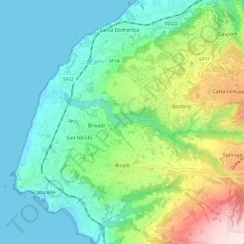 Topografische kaart Ricadi, hoogte, reliëf