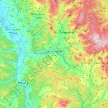 Topografische kaart Schmalkalden, hoogte, reliëf