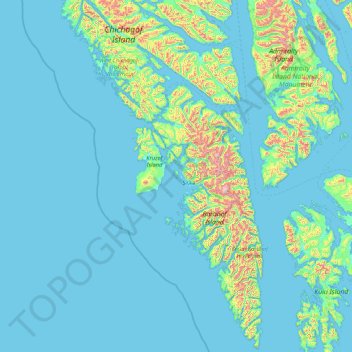 Topografische kaart Sitka, hoogte, reliëf