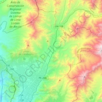 Polair bekken Voorzichtig Topografische kaart Carabayllo, hoogte, reliëf