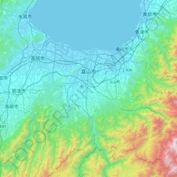 Topografische kaart 富山市, hoogte, reliëf