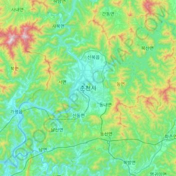 Topografische kaart 춘천시, hoogte, reliëf