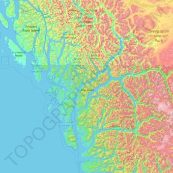 Topografische kaart Area A (Ocean Falls/Outer Coast), hoogte, reliëf
