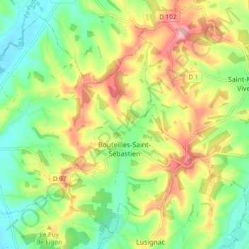 Topografische kaart Bouteilles-Saint-Sébastien, hoogte, reliëf