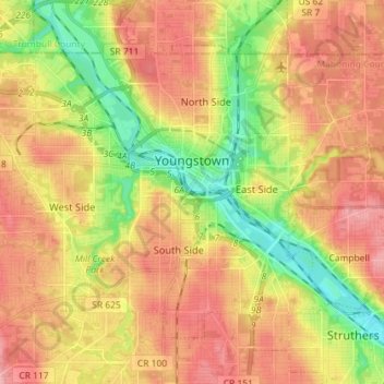 Topografische kaart Youngstown, hoogte, reliëf