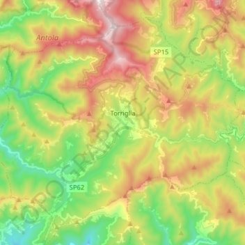 Topografische kaart Torriglia, hoogte, reliëf
