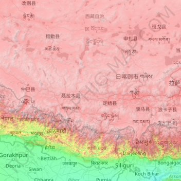 Topografische kaart Shigatse Prefecture, hoogte, reliëf