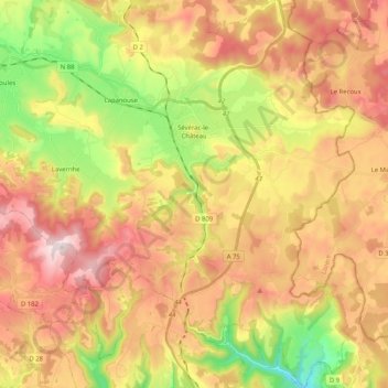 Topografische kaart Sévérac-le-Château, hoogte, reliëf