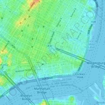 Topografische kaart Lower East Side, hoogte, reliëf