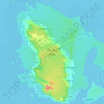 Topografische kaart Isle of Pines, hoogte, reliëf