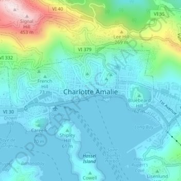 Topografische kaart Charlotte Amalie, hoogte, reliëf