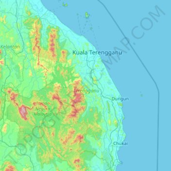 Topografische kaart Terengganu, hoogte, reliëf