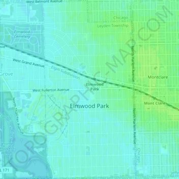 Topografische kaart Elmwood Park, hoogte, reliëf