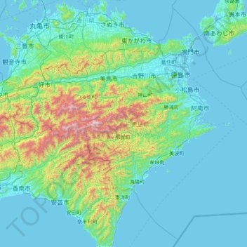 Topografische kaart Tokushima Prefecture, hoogte, reliëf