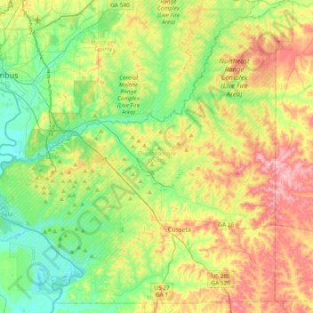 Topografische kaart Chattahoochee County, hoogte, reliëf
