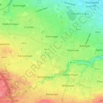 Topografische kaart Dublin 6W, hoogte, reliëf