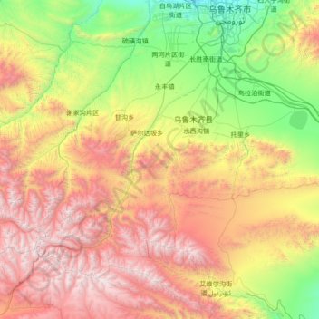 Topografische kaart 乌鲁木齐县, hoogte, reliëf