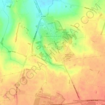Topografische kaart Papworth Everard, hoogte, reliëf