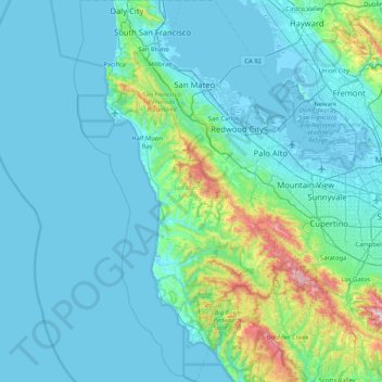 Topografische kaart San Mateo County, hoogte, reliëf