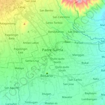 Topografische kaart Padre Garcia, hoogte, reliëf