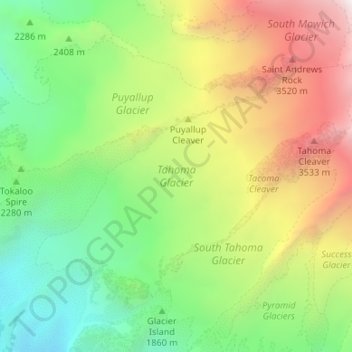 Topografische kaart Tahoma Glacier, hoogte, reliëf