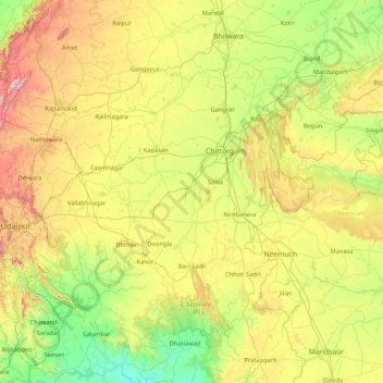 Topografische kaart Chittorgarh District, hoogte, reliëf