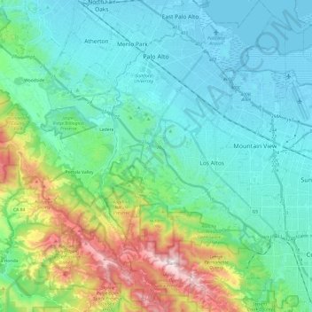 Topografische kaart Palo Alto, hoogte, reliëf