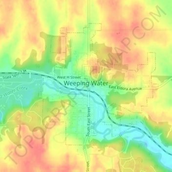 Topografische kaart Weeping Water, hoogte, reliëf