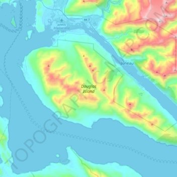 Topografische kaart Douglas Island, hoogte, reliëf