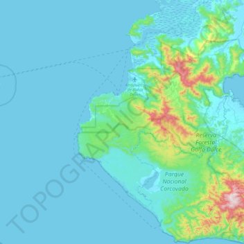 Topografische kaart Bahía Drake, hoogte, reliëf