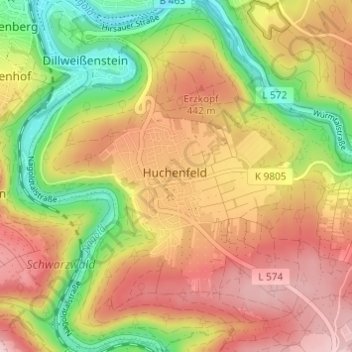 Topografische kaart Huchenfeld, hoogte, reliëf