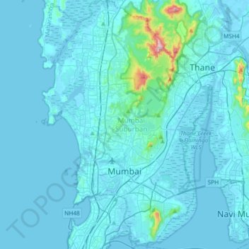 Topografische kaart Mumbai Suburban, hoogte, reliëf