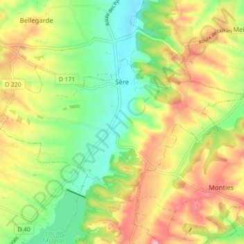 Topografische kaart Sère, hoogte, reliëf