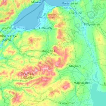 Topografische kaart County Londonderry, hoogte, reliëf