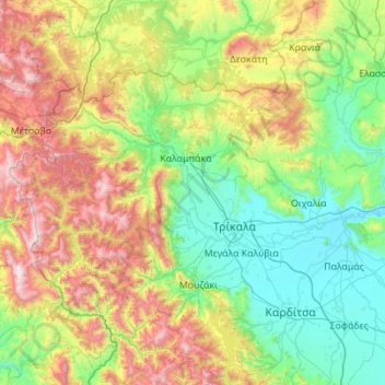 Topografische kaart Περιφερειακή Ενότητα Τρικάλων, hoogte, reliëf