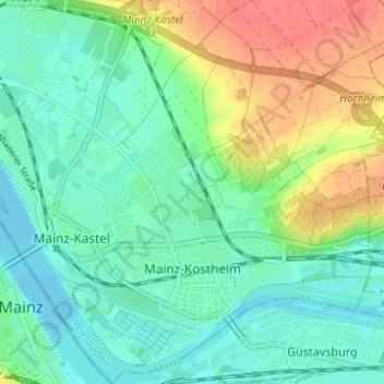 Topografische kaart Mainz-Kostheim, hoogte, reliëf