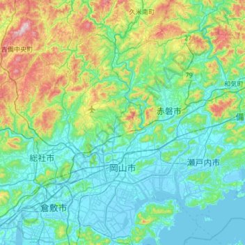 Topografische kaart Okayama, hoogte, reliëf