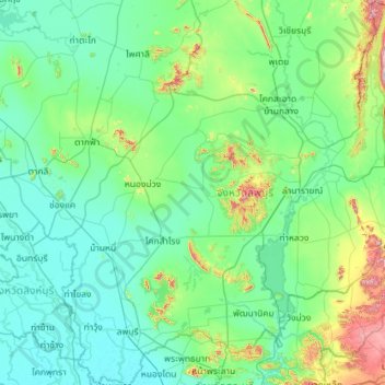 Topografische kaart Lopburi, hoogte, reliëf