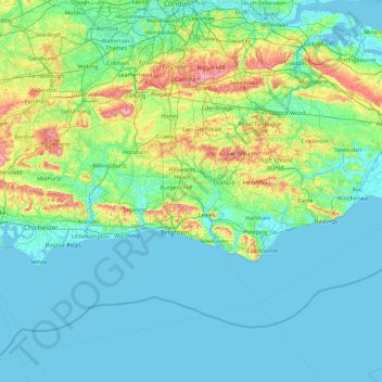 Topografische kaart Sussex, hoogte, reliëf