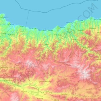 Topografische kaart Giresun, hoogte, reliëf